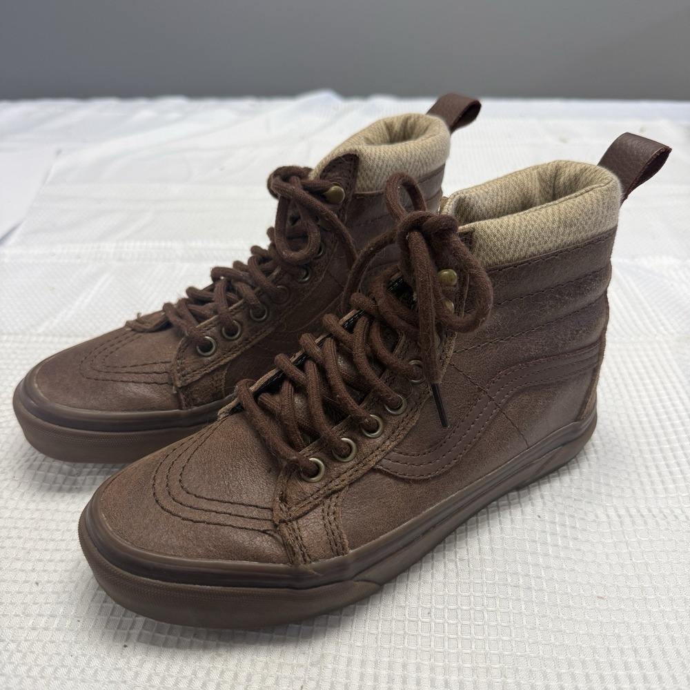 Vans Mens 5.0 Womens 6.5 MTE Brown Leather Herringbone High Top SK8 Sneaker Shoe